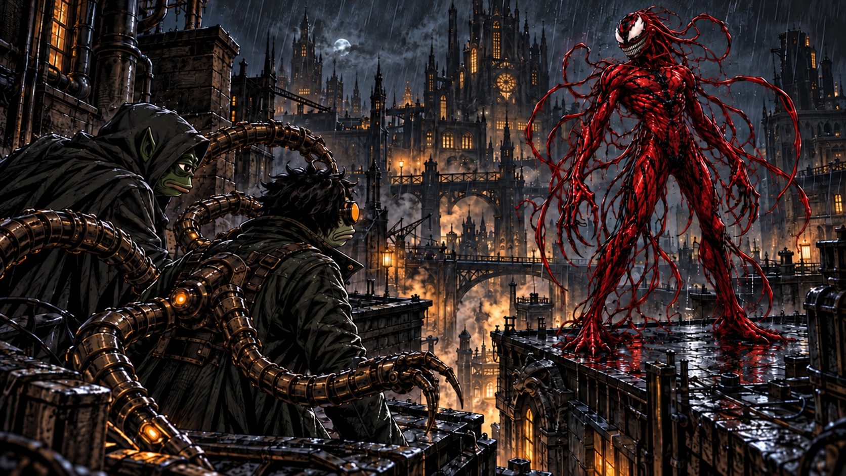 Carnage, a crimson symbiote, faces Goblin and Octopepe across rain-soaked rooftops.