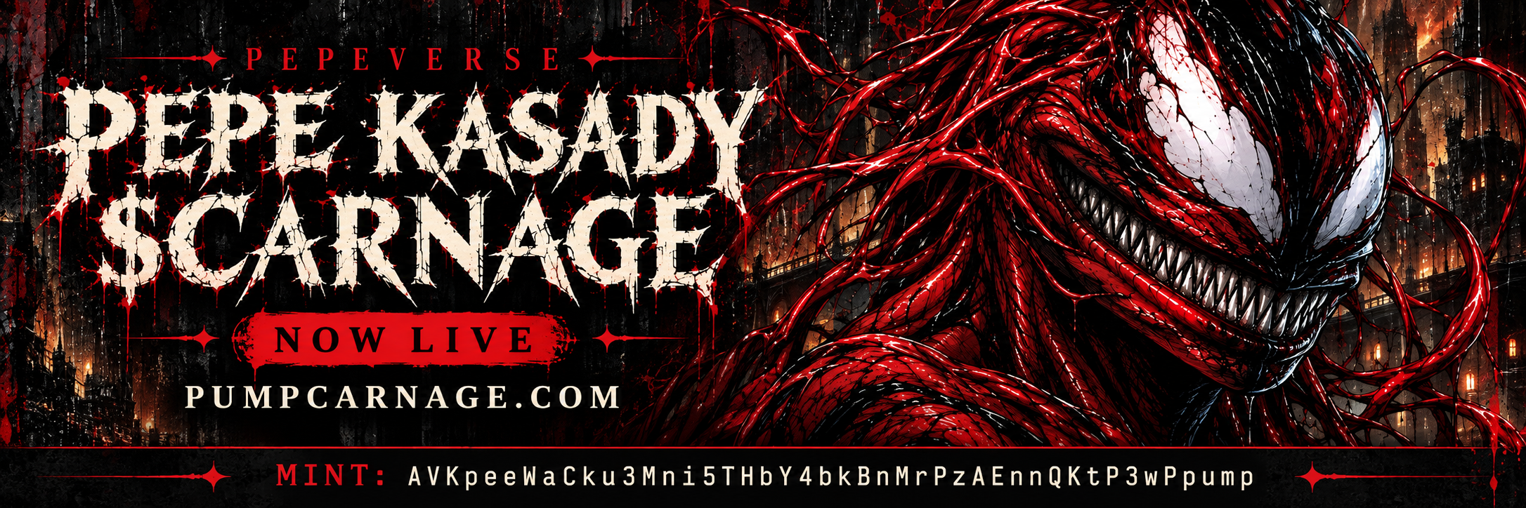 PEPE KASADY, $CARNAGE — now live. pumpcarnage.com. Mint: AVKpeeWaCku3Mni5THbY4bkBnMrPzAEnnQKtP3wPpump